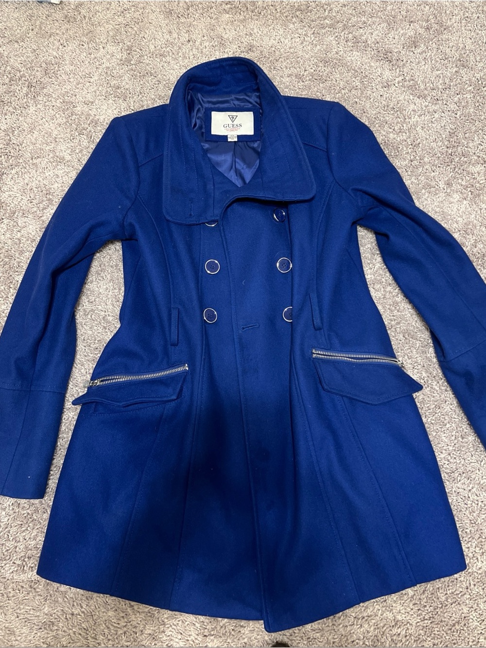 GUESS Women's Double-Breasted Wool Blend Coat - Royal Blue Medium